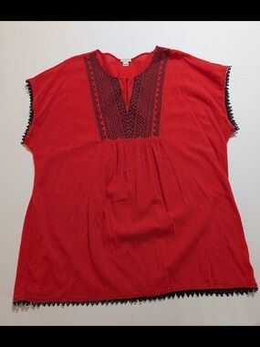 J. Crew Red Tunic with Black Geometric Embroidery